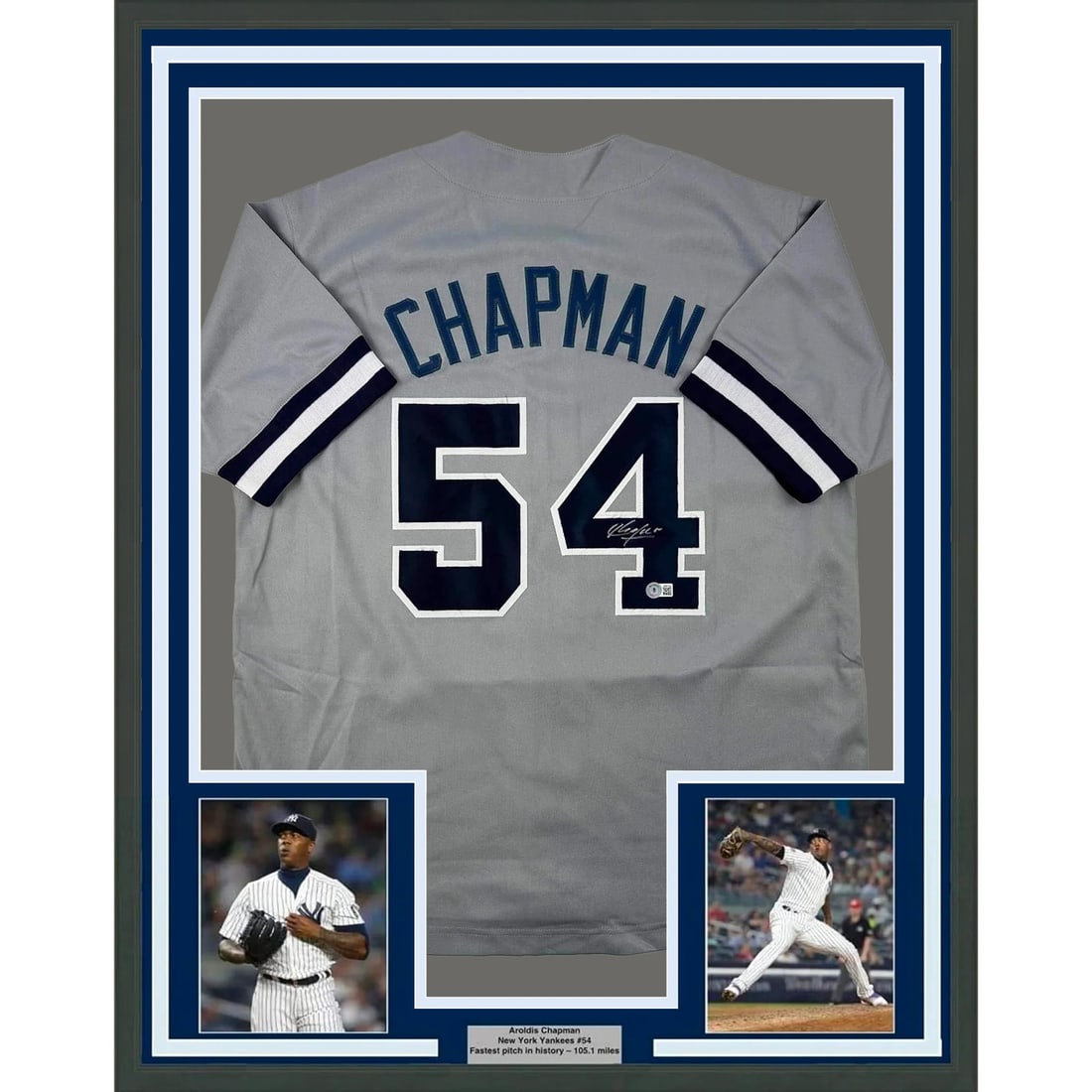 Framed Aroldis Chapman Autographed Jersey New York Yankees BAS COA: Framed Aroldis Chapman Autographed Jersey New York Yankees BAS COA Celebrate the legacy of Aroldis Chapman with this stunning framed autographed New York Yankees grey jersey. This original piece is au