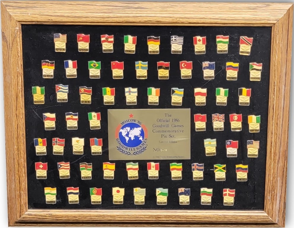 Moscow 1986 Goodwill Games Commemorative Pin Set of 62 Framed Pins: Moscow 1986 Goodwill Games Commemorative Pin Set of 62 Framed Pins Celebrate the spirit of international friendship with this Official Moscow 1986 Goodwill Games Commemorative Pin Set, featuring a tot