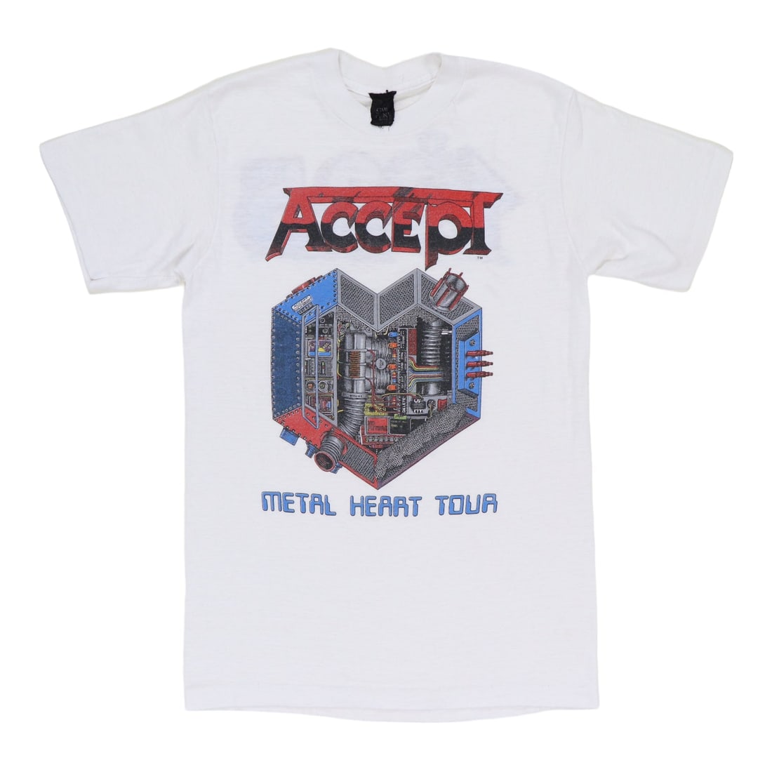 Vintage 1985 Tour Shirt for Accept Metal Heart Album: Vintage 1985 Tour Shirt for Accept Metal Heart Album This is an original vintage 1985 Accept Metal Heart Tour shirt featuring both front and back graphics. The shirt is in worn condition with holes an