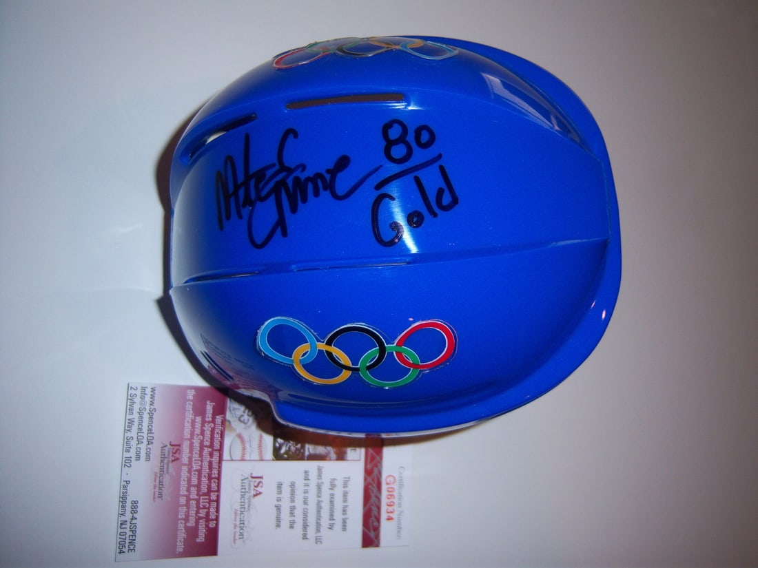 Mike Eruzione 1980 Olympic Gold Medal Signed Mini Helmet JSA/COA (1 of 2)