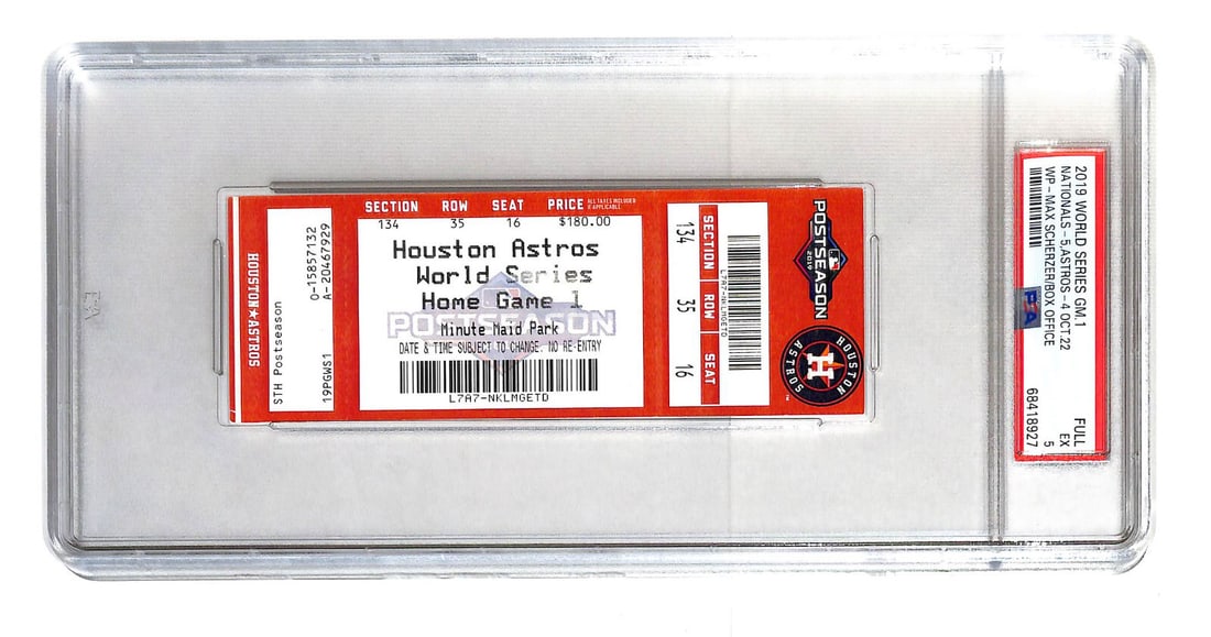 2019 World Series Game 1 Ticket Nationals Astros PSA 5 Vintage: 2019 World Series Game 1 Ticket Nationals Astros PSA 5 Vintage This is an original ticket from Game 1 of the 2019 World Series featuring the matchup between the Washington Nationals and the Houston As