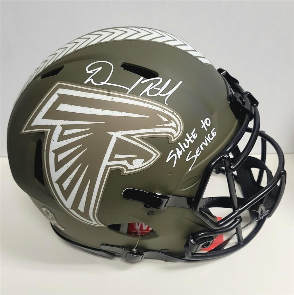 Atlanta Falcons Salute to Service Helmet signed by Desmond Ridder Beckett authenticated: Atlanta Falcons Salute to Service Helmet signed by Desmond Ridder Beckett authenticated This Atlanta Falcons Salute to Service Authentic full-size helmet features the signature of Desmond Ridder. The