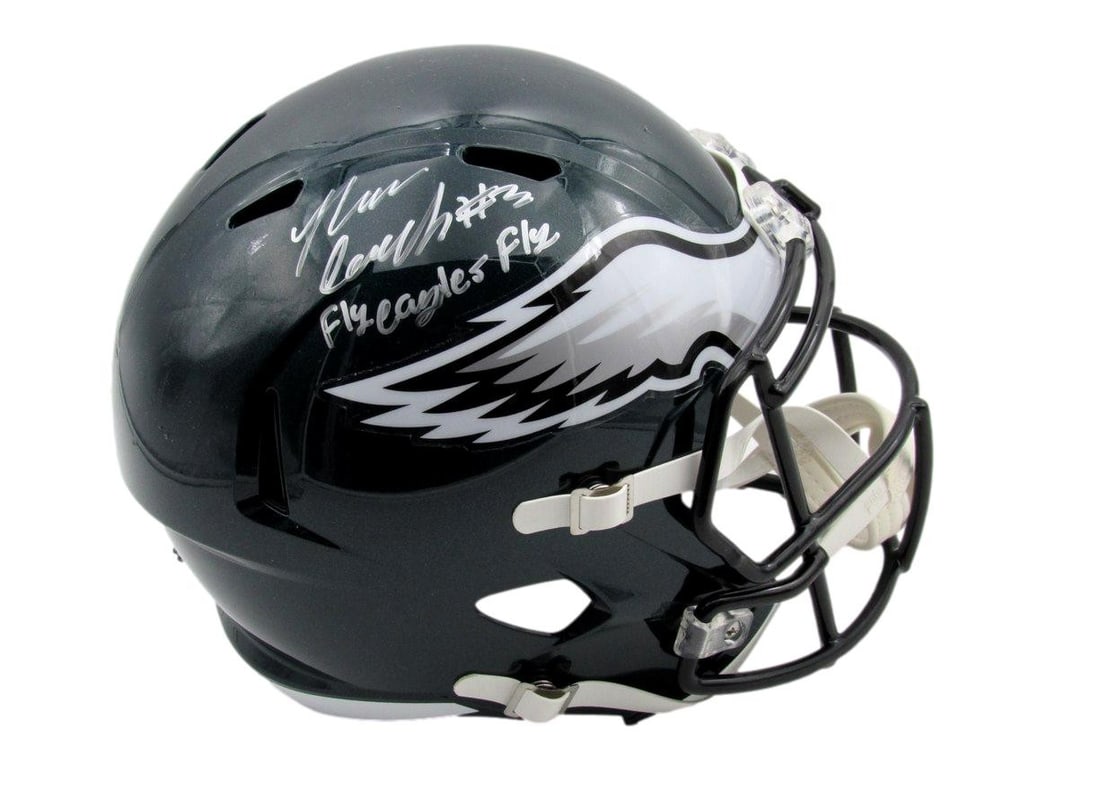Nolan Smith Signed Inscribed Eagles Full Size Replica Helmet JSA Authenticated: Nolan Smith Signed Inscribed Eagles Full Size Replica Helmet JSA Authenticated This offering features a Nolan Smith signed and inscribed "Fly Eagles Fly" full-size speed replica football helmet from t