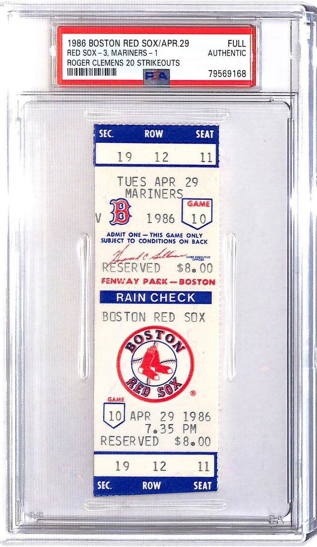 1986 Boston Red Sox vs Seattle Mariners Ticket Roger Clemens 20 K's PSA Original (1 of 3)