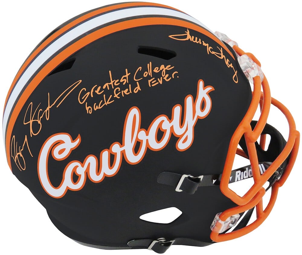 Barry Sanders Thurman Thomas Dual Signed OSU Riddell Helmet with Inscription: Barry Sanders Thurman Thomas Dual Signed OSU Riddell Helmet with Inscription This is a remarkable dual-signed black Riddell full-size replica helmet featuring the legendary Barry Sanders and Thurman T