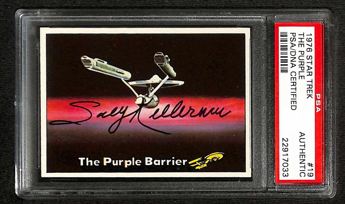 Sally Kellerman Signed 1976 Topps Star Trek Card #19 PSA/DNA Certified: Sally Kellerman Signed 1976 Topps Star Trek Card #19 PSA/DNA Certified This rare 1976 Donruss Star Trek trading card (#19 "The Purple Barrier") is hand-signed by the talented Sally Kellerman in bold b