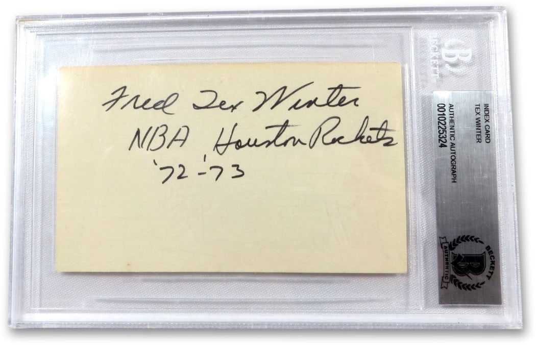 Tex Winter Autographed Index Card Rockets 72-73 BAS Certified: Tex Winter Autographed Index Card Rockets 72-73 BAS Certified This is an original autographed index card by Tex Winter, featuring his inscription "Rockets '72-'73." The card is authenticated by Becket