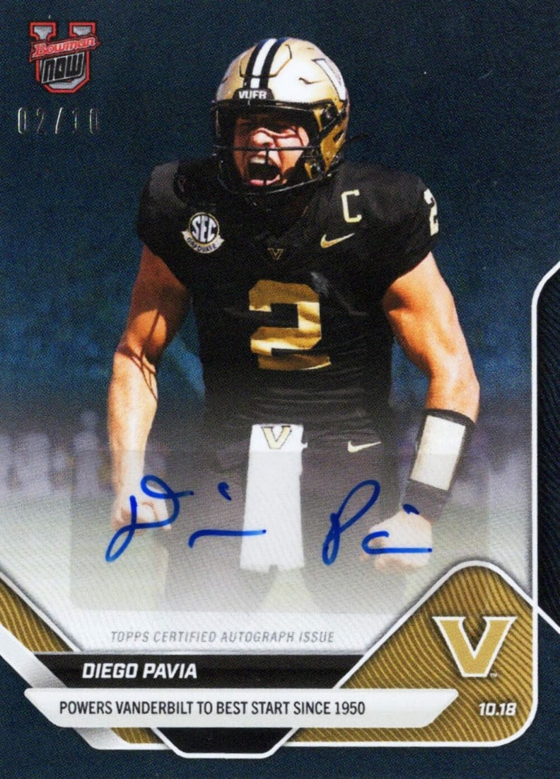 2025 Topps Bowman U Now Diego Pavia #31A Black Auto /10 Rookie Card: 2025 Topps Bowman U Now Diego Pavia #31A Black Auto /10 Rookie Card This is a 2025 Topps Bowman U Now Diego Pavia #31A Black Auto /10 Rookie RC Football Card, featuring the autograph of athlete Diego