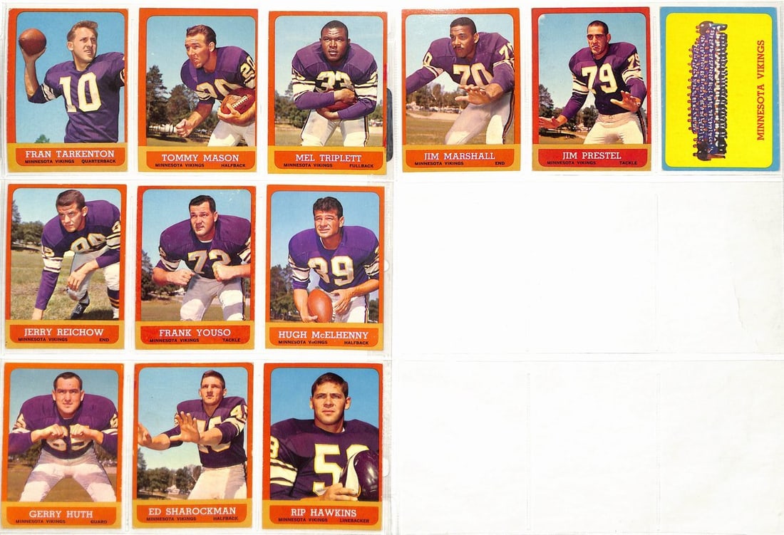 1963 Topps Vikings Complete Team Set 12 Cards Including Tarkenton: 1963 Topps Vikings Complete Team Set 12 Cards Including Tarkenton This is a complete 1963 Topps Football Vikings Team Set comprising all 12 cards featuring iconic players from the Minnesota Vikings, i