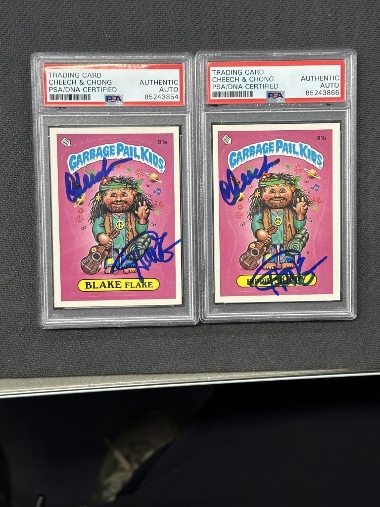Cheech & Chong Dual Signed GPK Cards PSA JSA Authenticated Set: Cheech & Chong Dual Signed GPK Cards PSA JSA Authenticated Set This listing features a set of Cheech & Chong autographed Garbage Pail Kids cards, known as Blake Flake and Hippie Skippy. Both cards are