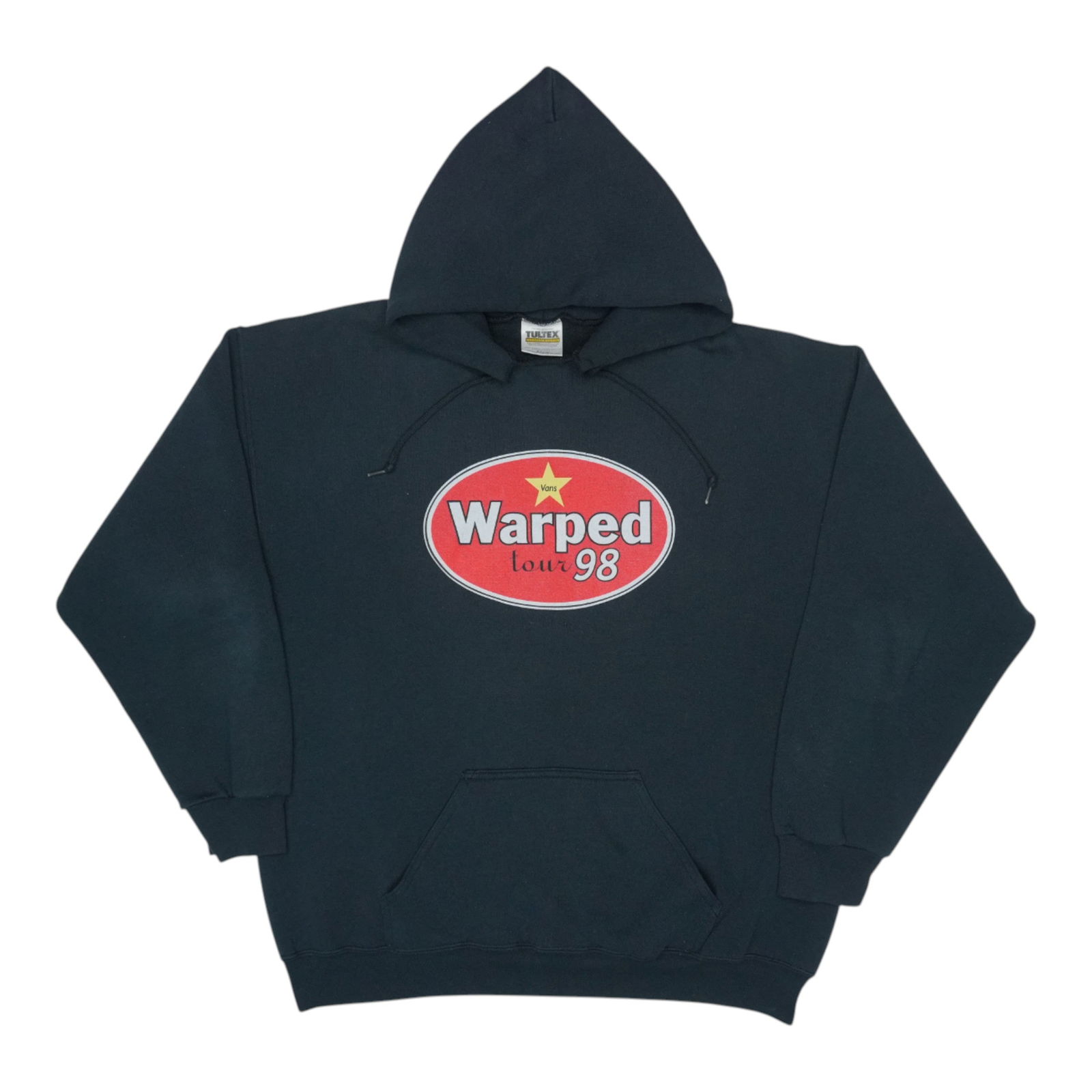 Vintage 1998 Warped Tour Black Poly Cotton Hoodie with Graphics: Vintage 1998 Warped Tour Black Poly Cotton Hoodie with Graphics This is an original vintage 1998 Vans Warped Tour hoodie, not a modern reproduction. Featuring graphics on both the front and back, this