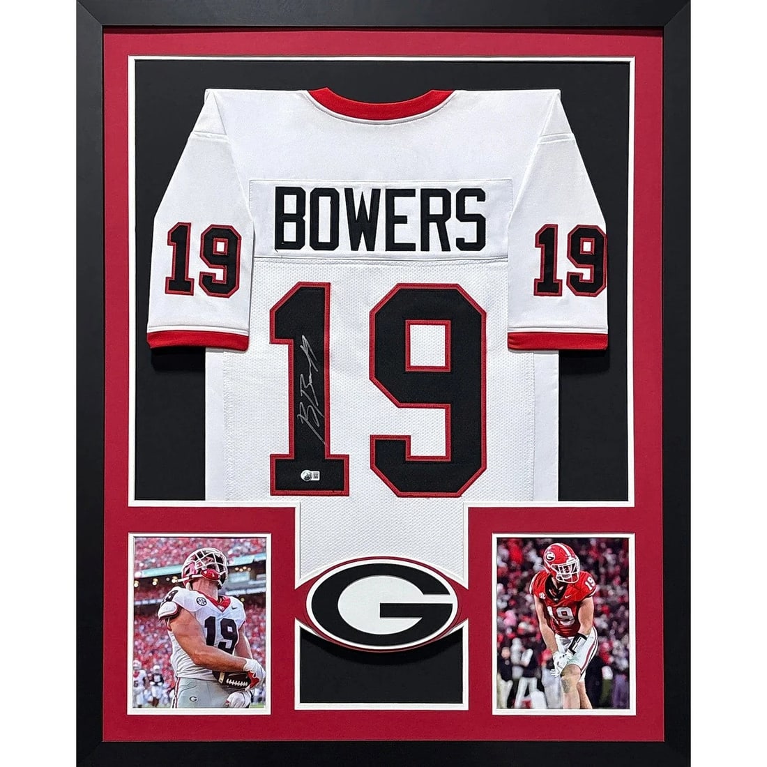 Brock Bowers Signed Framed Jersey Georgia Beckett Authenticated: Brock Bowers Signed Framed Jersey Georgia Beckett Authenticated This is a framed autographed jersey of Brock Bowers, a standout player from Georgia. The jersey is authenticated by Beckett, a leading n