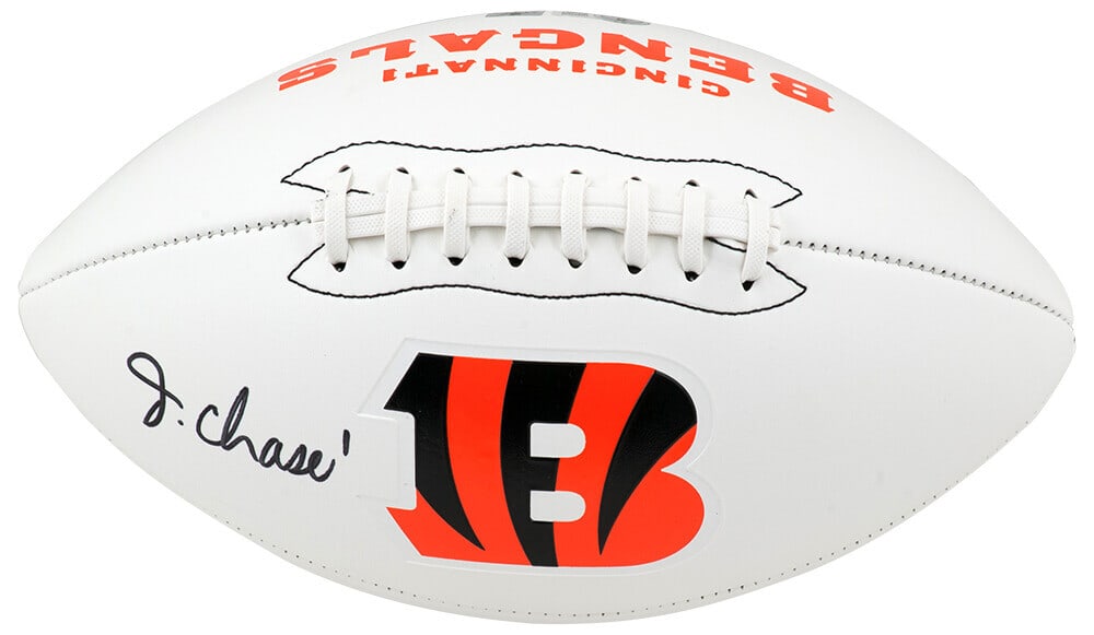 Ja'Marr Chase Signed Bengals White Logo Football with Beckett COA: Ja'Marr Chase Signed Bengals White Logo Football with Beckett COA This is a signed Franklin white logo football by Ja'Marr Chase, the talented wide receiver for the Cincinnati Bengals. The ball featur