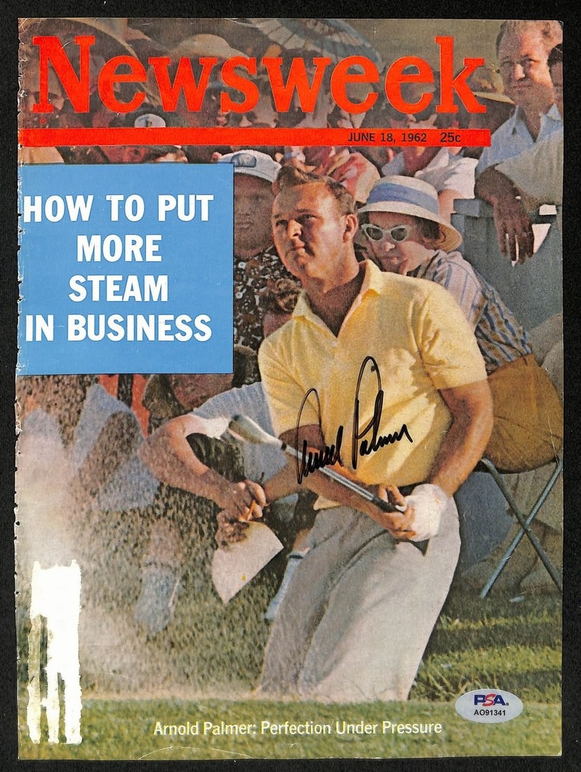 June 18 1962 Newsweek Cover Signed by Arnold Palmer PSA DNA Authenticated: June 18 1962 Newsweek Cover Signed by Arnold Palmer PSA DNA Authenticated This is an original June 18, 1962 Newsweek Magazine cover page, signed by Arnold Palmer. The autographed cover page is authent