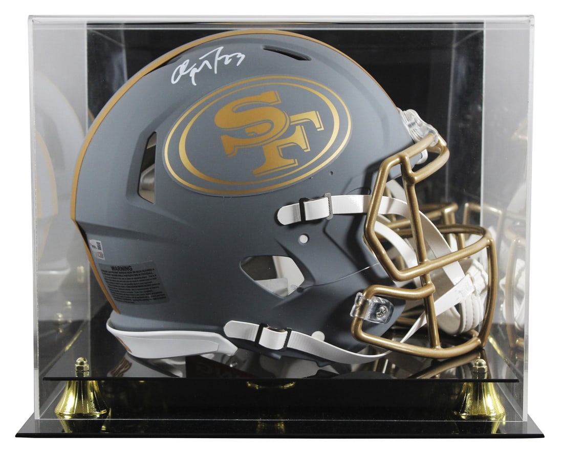 Christian McCaffrey Signed 49ers Slate Proline Helmet with Fanatics Case: Christian McCaffrey Signed 49ers Slate Proline Helmet with Fanatics Case Celebrate your fandom with this autographed Christian McCaffrey alternate slate Riddell full-size Speed Proline helmet. Persona