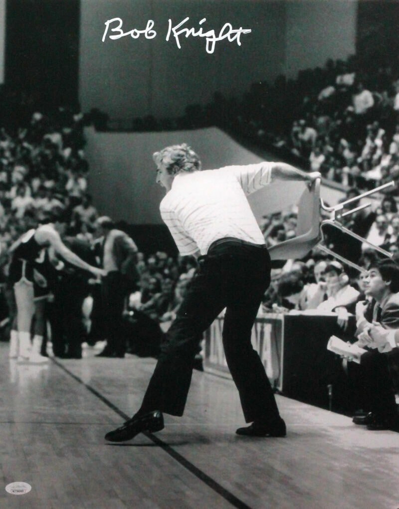 Bob Knight Autographed 16x20 Black & White Photo JSA Authenticated: Bob Knight Autographed 16x20 Black & White Photo JSA Authenticated This is a remarkable 16x20 black and white photograph featuring the legendary basketball coach Bob Knight, known for his time with th