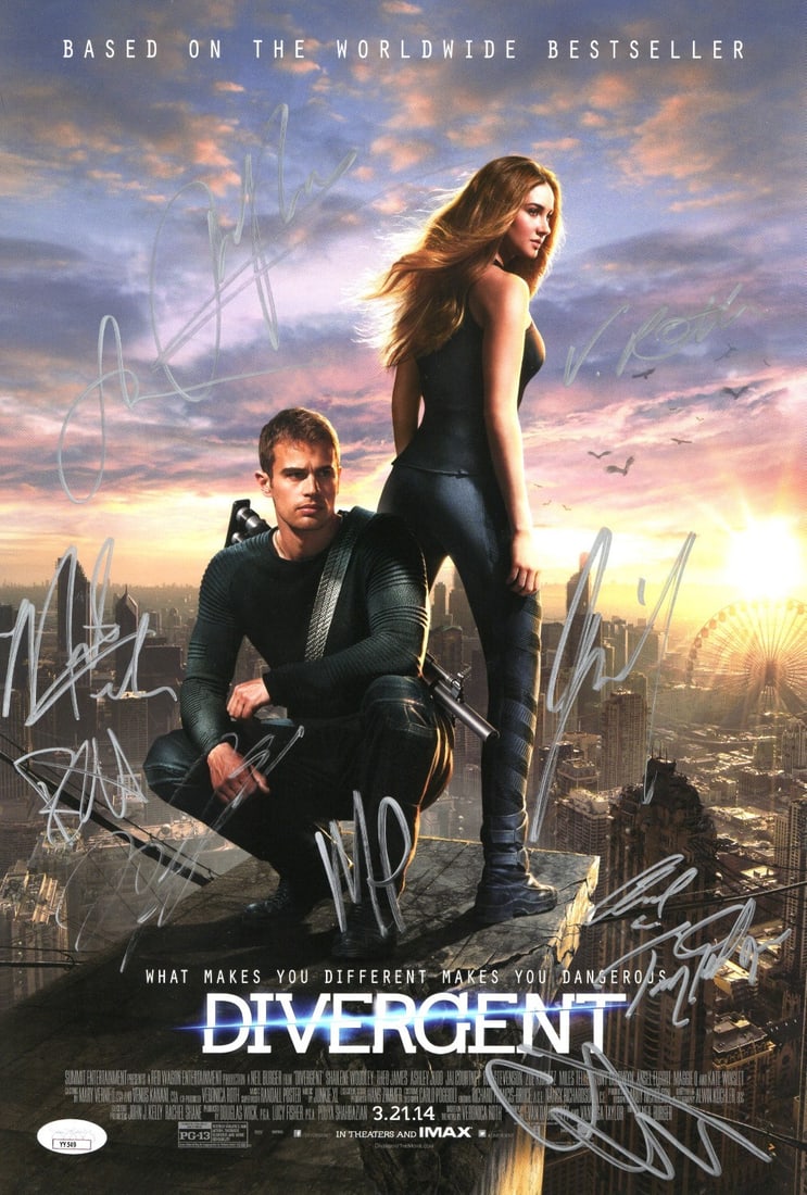 Divergent Cast Autographed 11.5x17 Poster JSA Authenticated: Divergent Cast Autographed 11.5x17 Poster JSA Authenticated This original 11X17 poster from the movie "Divergent" is autographed by a stellar cast including Shailene Woodley, Theo James, Miles