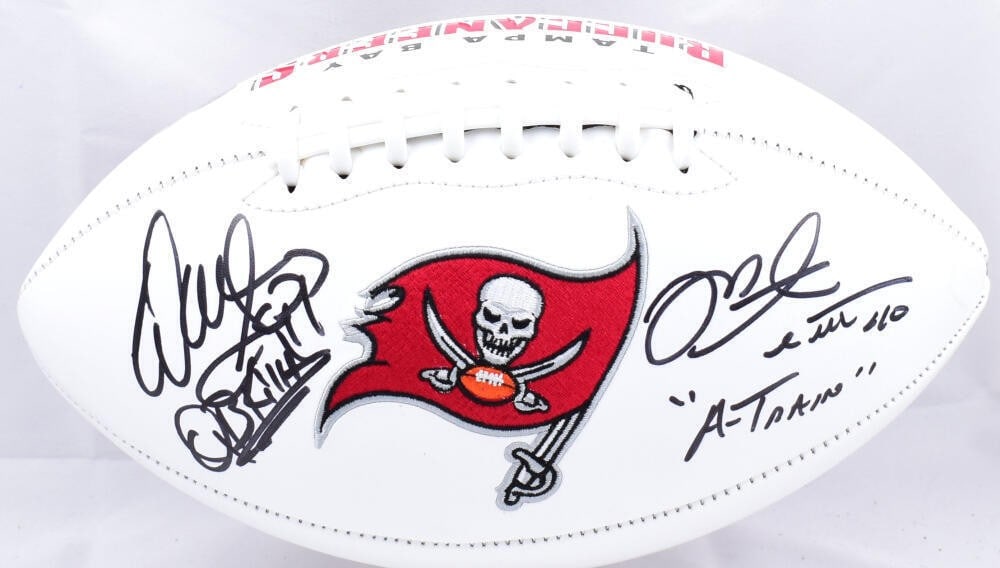 Mike Alstott Warren Sapp Signed Buccaneers Football with Inscriptions Beckett Authenticated: Mike Alstott Warren Sapp Signed Buccaneers Football with Inscriptions Beckett Authenticated This is an original football signed by NFL legends Mike Alstott and Warren Sapp, featuring the Tampa Bay Buc