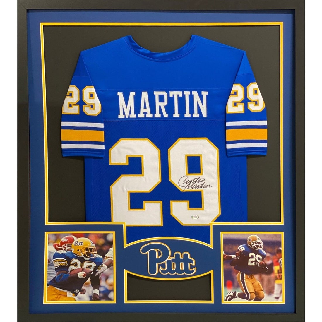 Curtis Martin Autographed Framed Jersey PSA/DNA Pitt Panthers: Curtis Martin Autographed Framed Jersey PSA/DNA Pitt Panthers This is an autographed framed jersey of Curtis Martin, showcasing his time with the Pitt Panthers. The jersey is authenticated by PSA/DNA,