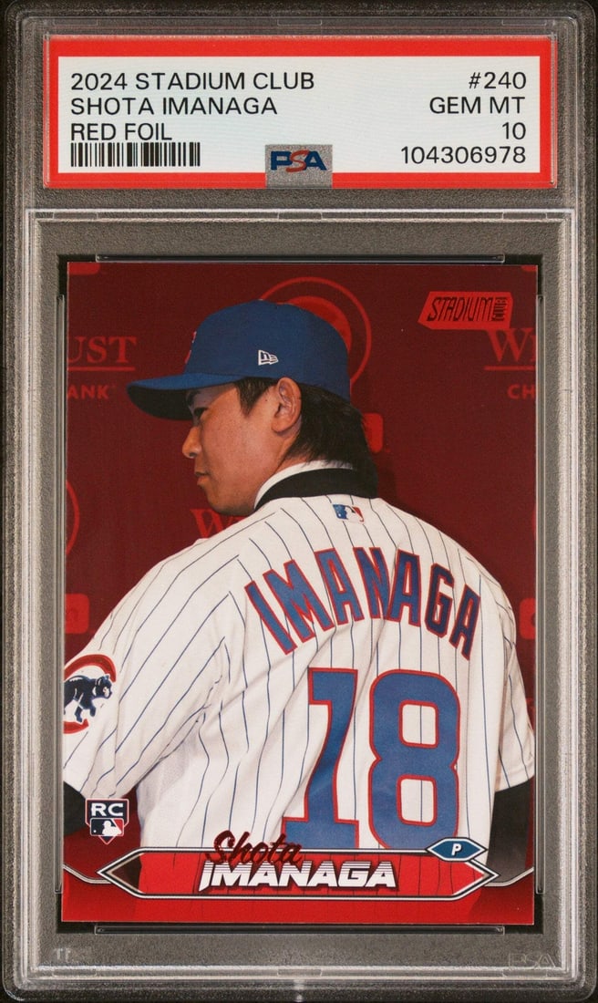 2024 Topps Stadium Club Shota Imanaga #240 Red Foil PSA 10 Baseball Card: 2024 Topps Stadium Club Shota Imanaga #240 Red Foil PSA 10 Baseball Card This is a graded 2024 Topps Stadium Club Shota Imanaga #240 Red Foil Baseball Card, achieving a perfect grade of PSA 10. The ca