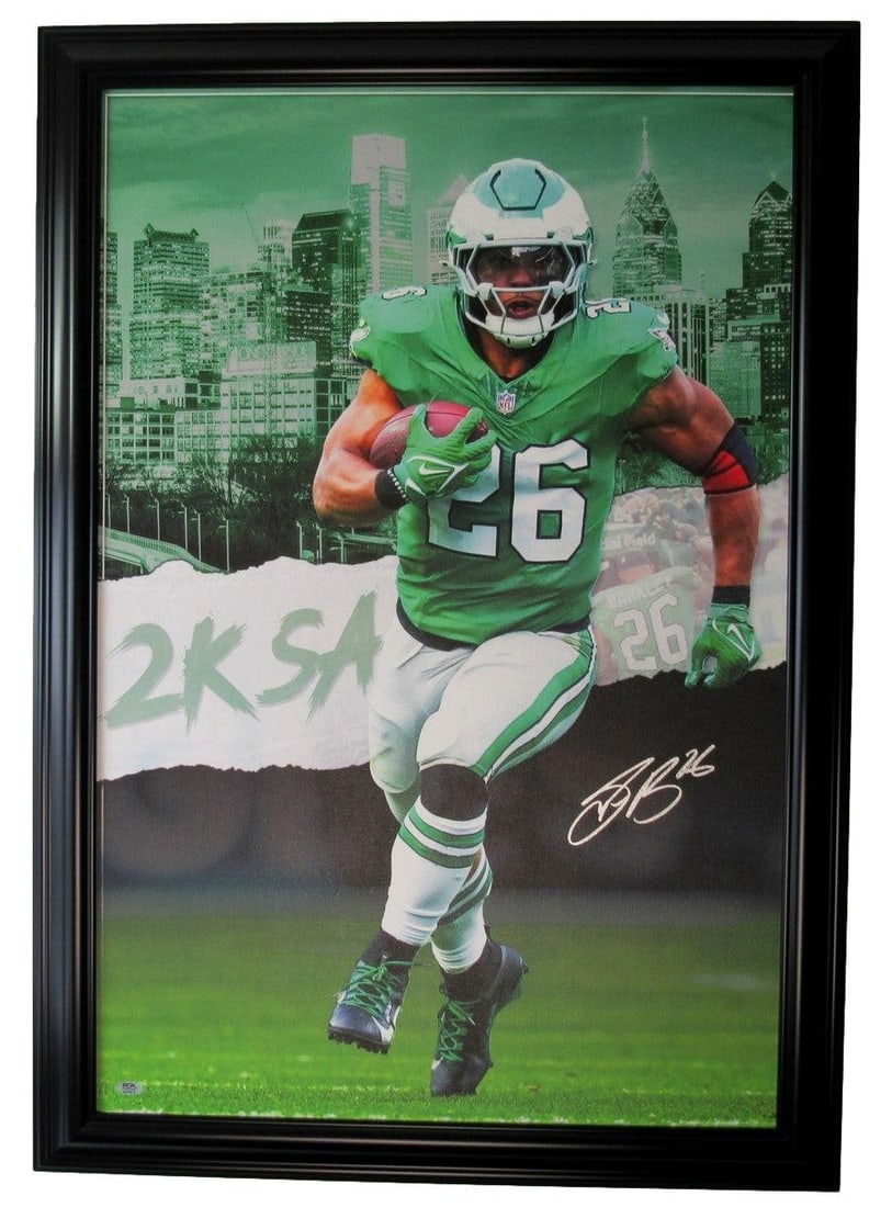 Framed 24x36 Canvas Signed by Saquon Barkley Philadelphia Eagles PSA/DNA Authenticated: Framed 24x36 Canvas Signed by Saquon Barkley Philadelphia Eagles PSA/DNA Authenticated Own a remarkable piece of sports history with this Saquon Barkley autographed canvas photo, featuring the Philade