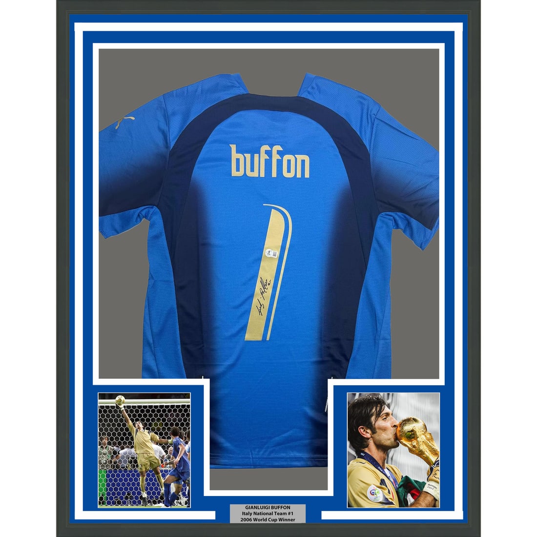 Gianluigi Buffon Signed Italy Blue Jersey in 35x39 Frame Beckett Authenticated (1 of 2)
