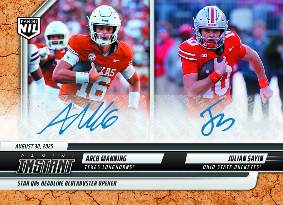 2025 Panini Arch Manning Julian Sayin Autographed Earth Auto /25 Football Card: 2025 Panini Arch Manning Julian Sayin Autographed Earth Auto /25 Football Card This is a 2025 Panini Arch Manning/Julian Sayin #AMJSA Earth Auto /25 Football Card, featuring the signatures of two prom