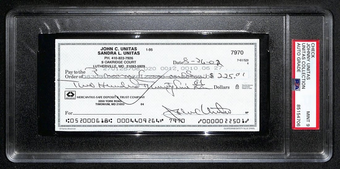 Johnny Unitas Signed Check PSA/DNA MINT 9 Baltimore Colts (1 of 2)