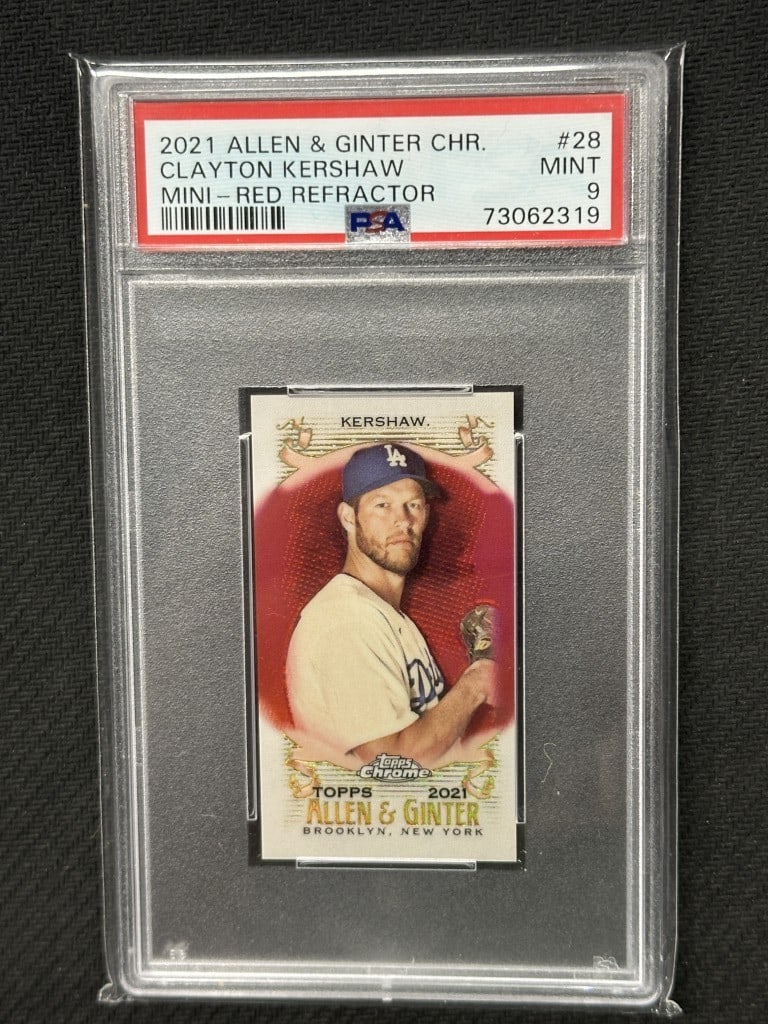 Clayton Kershaw 2021 Allen & Ginter Mini Red Refractor PSA 9 #28: Clayton Kershaw 2021 Allen & Ginter Mini Red Refractor PSA 9 #28 This is a Clayton Kershaw 2021 Allen & Ginter Chrome Mini Red Refractor Baseball Card, graded by Professional Sports Authenticator (PSA