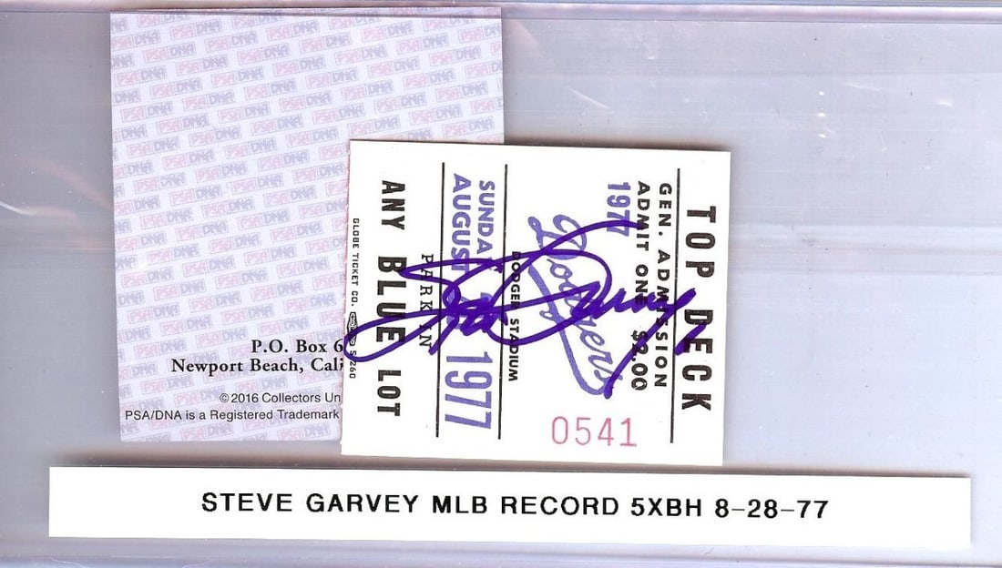 Steve Garvey Autographed Ticket Stub Dodgers 5 Hits PSA Authentic: Steve Garvey Autographed Ticket Stub Dodgers 5 Hits PSA Authentic This authentic ticket stub features the signature of Steve Garvey, a notable player for the Los Angeles Dodgers. It commemorates a gam