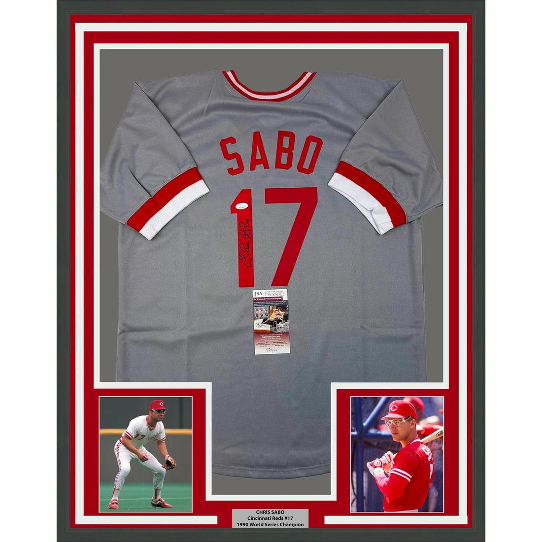 Framed Autographed Chris Sabo Cincinnati Reds Jersey JSA COA: Framed Autographed Chris Sabo Cincinnati Reds Jersey JSA COA Celebrate the legacy of Chris Sabo with this stunning framed autographed Cincinnati Reds jersey. This authentic 33x42 grey jersey is signed