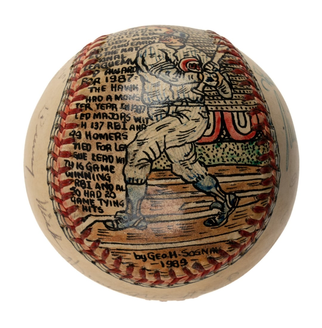 Hand Painted George Sosnak Baseball Tribute to Andre Dawson Signed 1989: Hand Painted George Sosnak Baseball Tribute to Andre Dawson Signed 1989 This exquisite baseball showcases a beautiful hand-painted folk art tribute by George Sosnak, a former minor-league umpire. Comm