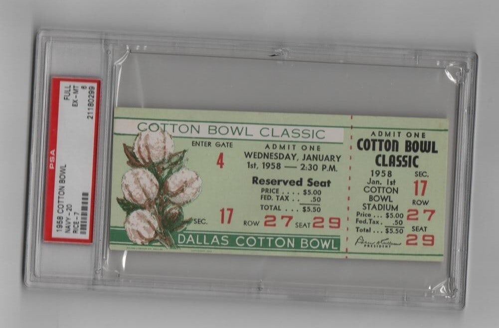 1958 Original Cotton Bowl Ticket Navy vs Rice Owls PSA 21180299 (1 of 2)
