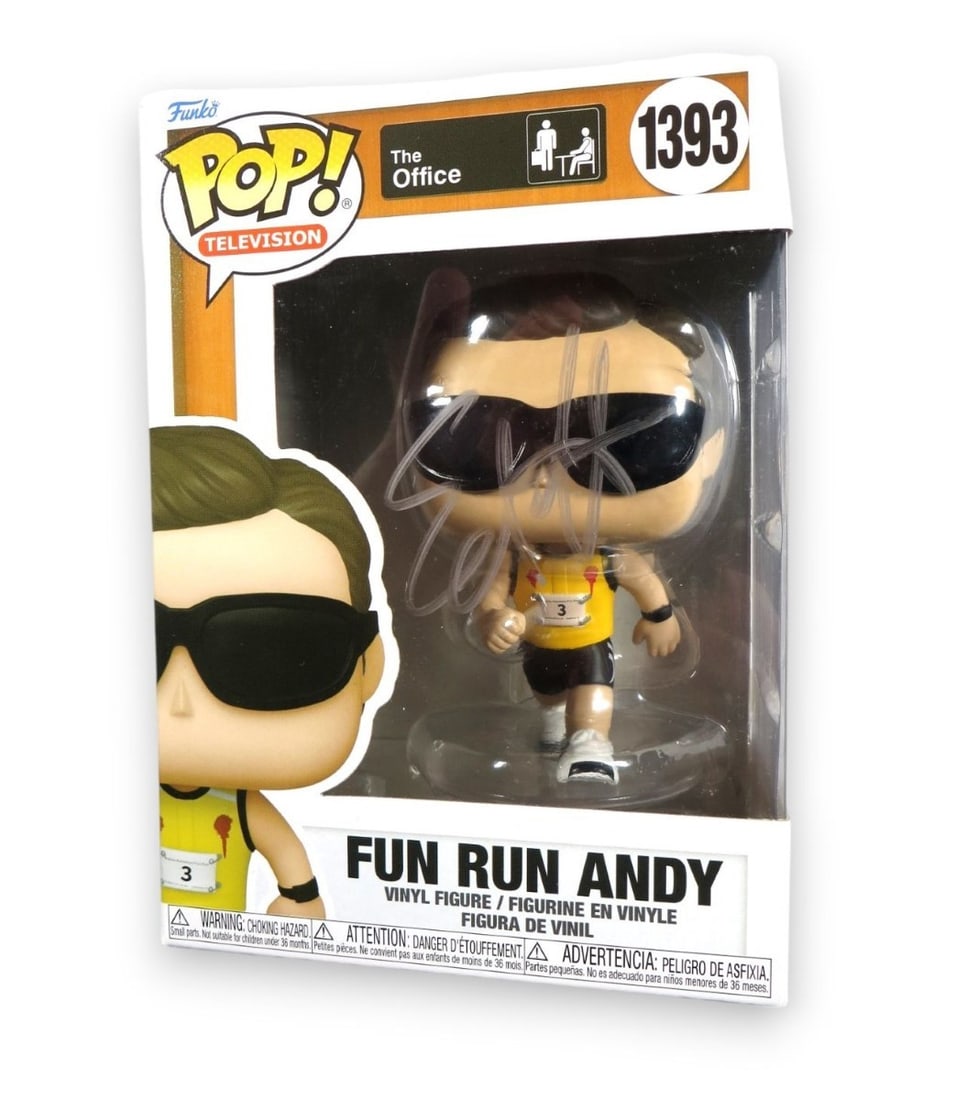 Ed Helms Autographed Funko POP! The Office Andy #1393 JSA Authenticated: Ed Helms Autographed Funko POP! The Office Andy #1393 JSA Authenticated This unique Ed Helms Signed Funko POP! figurine features the character Andy from The Office, specifically from the Fun Run episo
