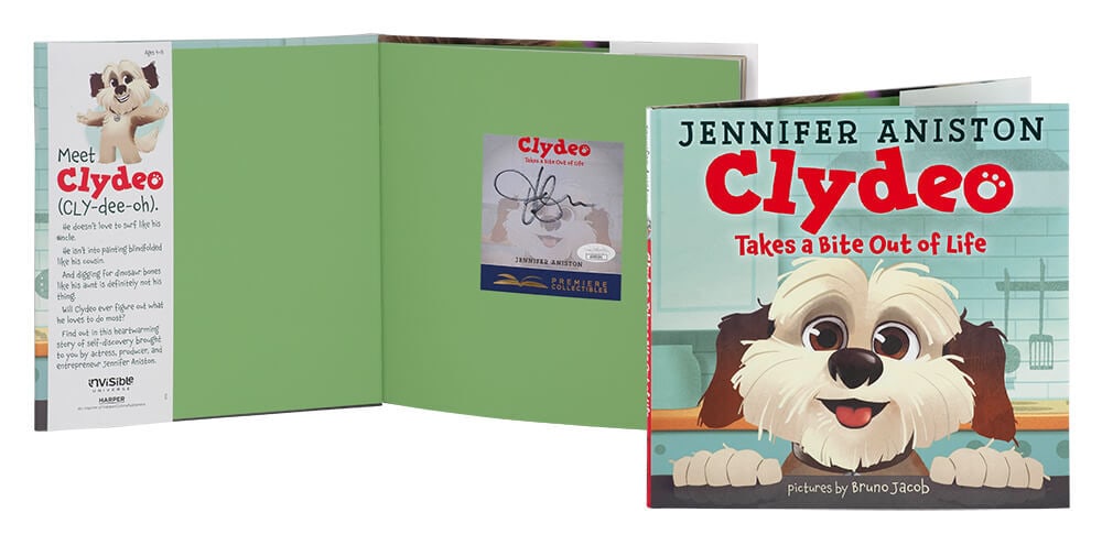 Jennifer Aniston Signed Clydeo Takes a Bite Book JSA COA: Jennifer Aniston Signed Clydeo Takes a Bite Book JSA COA This original book, "Clydeo Takes a Bite Out of Life," is personally signed by Jennifer Aniston. The item includes a JSA (James Spence Authenti