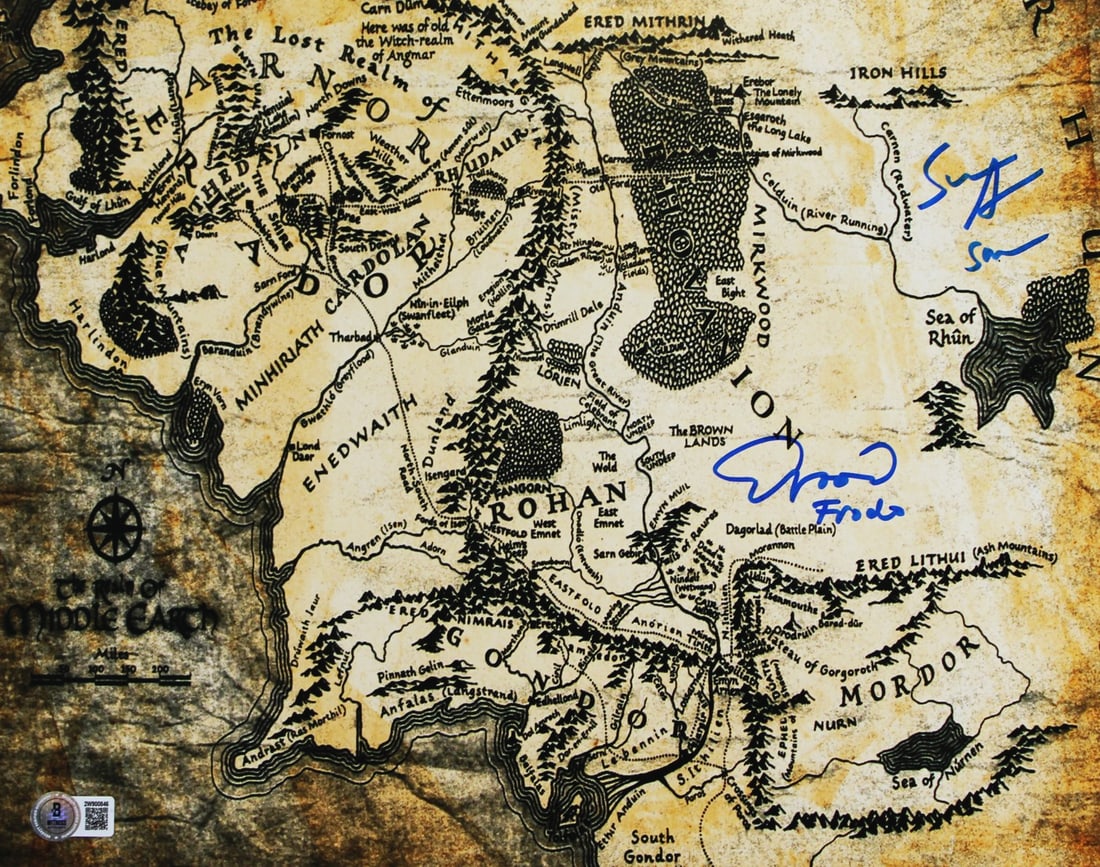 Elijah Wood Sean Astin Signed 11x14 Middle Earth Map Photo BAS Witness: Elijah Wood Sean Astin Signed 11x14 Middle Earth Map Photo BAS Witness This stunning 11x14 photograph features a beautifully detailed horizontal map of Middle Earth, personally signed by Elijah Wood a