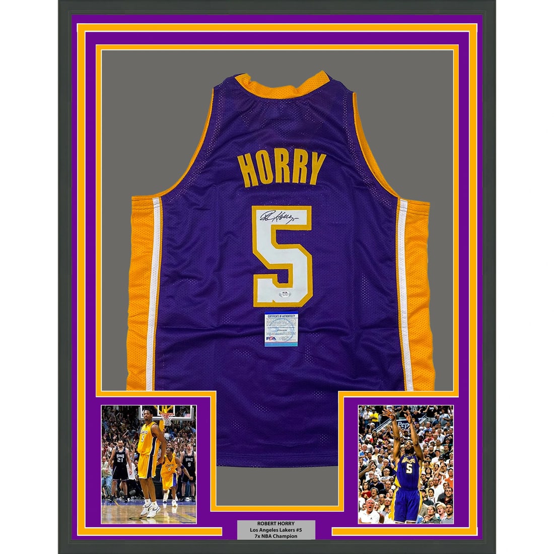 Framed Robert Horry Autographed Los Angeles Lakers Jersey with PSA COA: Framed Robert Horry Autographed Los Angeles Lakers Jersey with PSA COA Celebrate the legacy of Robert Horry with this professionally framed and matted Los Angeles Lakers purple jersey. Measuring 33" x