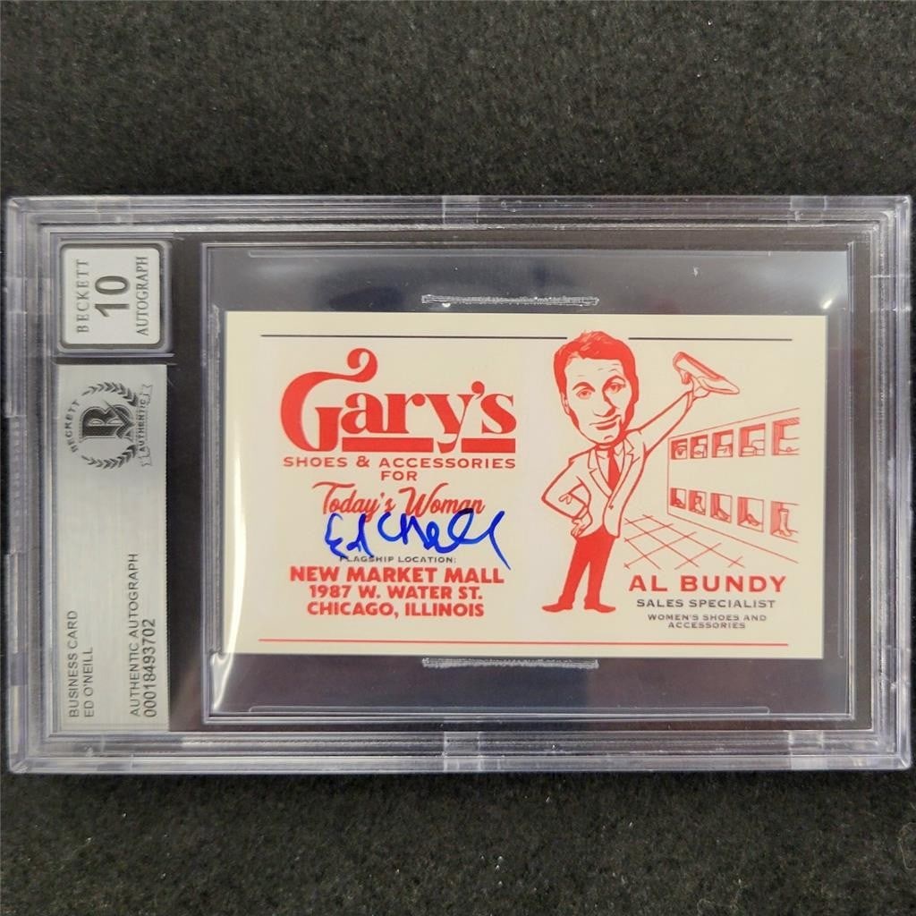 Ed O'Neill Signed Al Bundy Business Card Beckett BAS 10: Ed O'Neill Signed Al Bundy Business Card Beckett BAS 10 This prop business card features the signature of Ed O'Neill, known for his role as Al Bundy in the iconic TV show "Married With Children." Grad