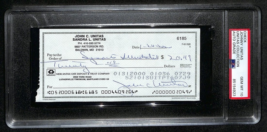 Johnny Unitas HOF Signed 2000 Bank Check Colts PSA/DNA GEM MT 10 (1 of 2)