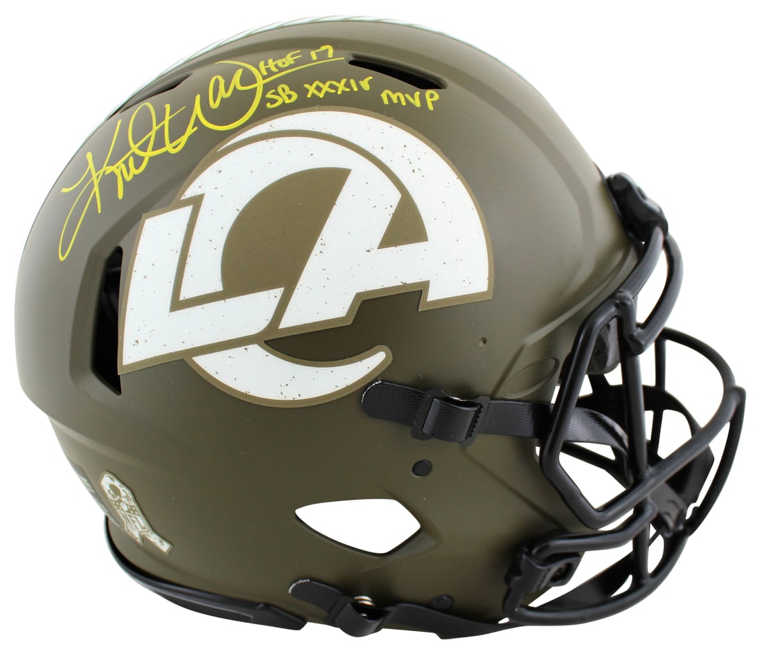 Kurt Warner Signed Rams Salute To Service Helmet HOF 17 SB XXXIV MVP Beckett Authenticated: Kurt Warner Signed Rams Salute To Service Helmet HOF 17 SB XXXIV MVP Beckett Authenticated This authentic full-size speed proline helmet, celebrating Kurt Warner's legacy with the Los Angeles Rams, fe