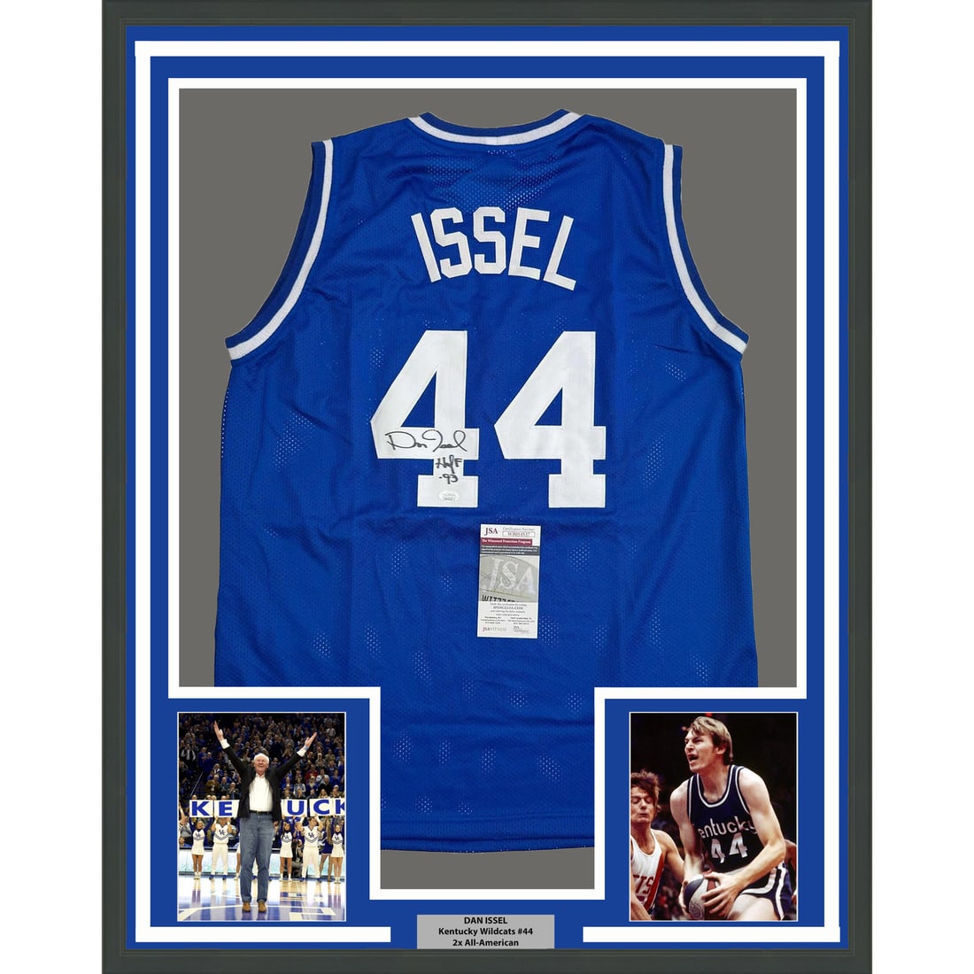 Framed Signed Dan Issel Kentucky Wildcats Jersey with JSA COA: Framed Signed Dan Issel Kentucky Wildcats Jersey with JSA COA This professionally framed autographed jersey features Dan Issel, a legendary player for the Kentucky Wildcats. Measuring 35x39 inches, it