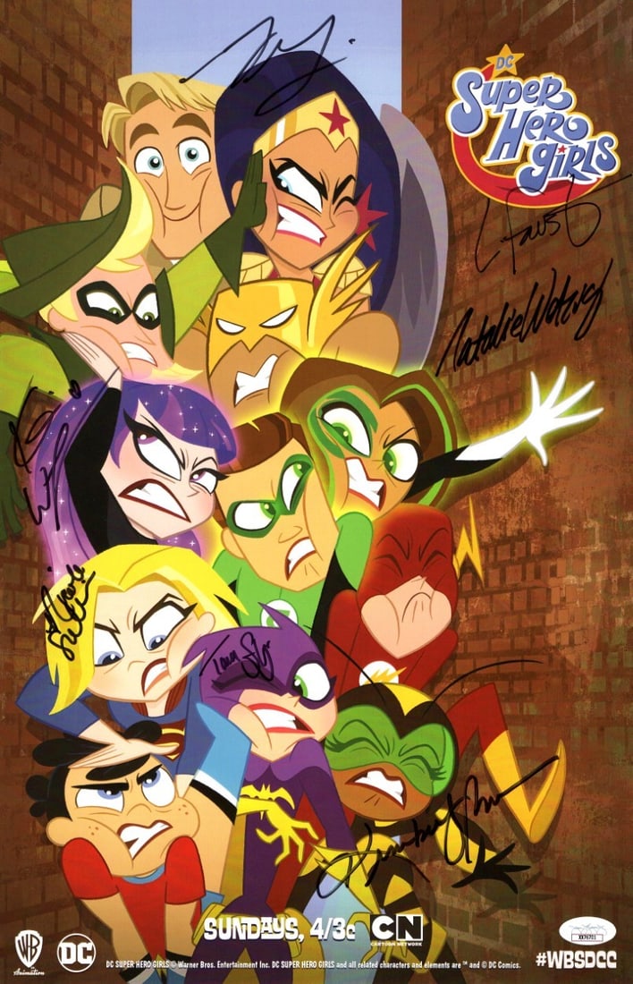 Super Hero Girls Autographed 11X17 Poster by DeLisle Strong Brooks JSA: Super Hero Girls Autographed 11X17 Poster by DeLisle Strong Brooks JSA This authentic 11x17 poster features the signatures of the Super Hero Girls cast, including Grey DeLisle, Tara Strong, Kimberly B