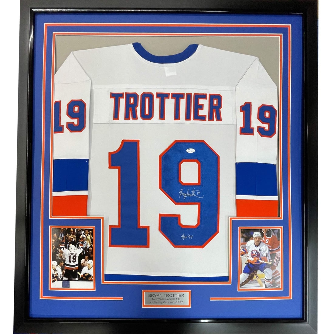 Framed Bryan Trottier Autographed Jersey HOF 97 JSA COA 33x42 New York Islanders (1 of 2)