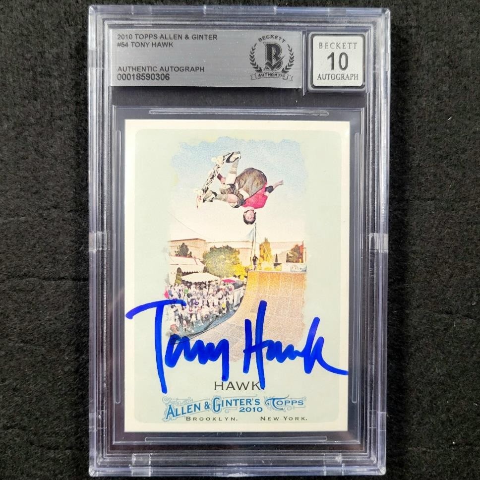 2010 Topps Allen & Ginter Tony Hawk Autographed Card Beckett 10: 2010 Topps Allen & Ginter Tony Hawk Autographed Card Beckett 10 This is a rare 2010 Topps Allen & Ginter trading card featuring the legendary skateboarder Tony Hawk. The card is hard signed by Hawk an