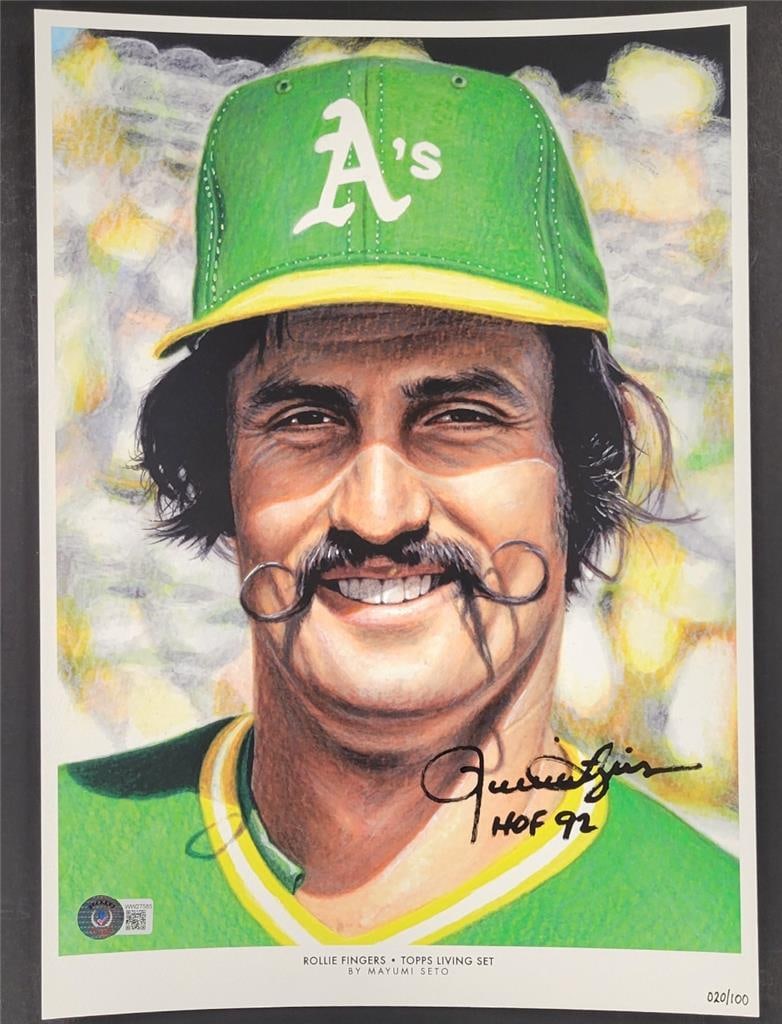 Rollie Fingers HOF 92 Signed Lithograph Print Beckett Authenticated: Rollie Fingers HOF 92 Signed Lithograph Print Beckett Authenticated Celebrate the legacy of baseball with this limited edition lithograph print of Rollie Fingers, featuring his autograph and "HOF 92"