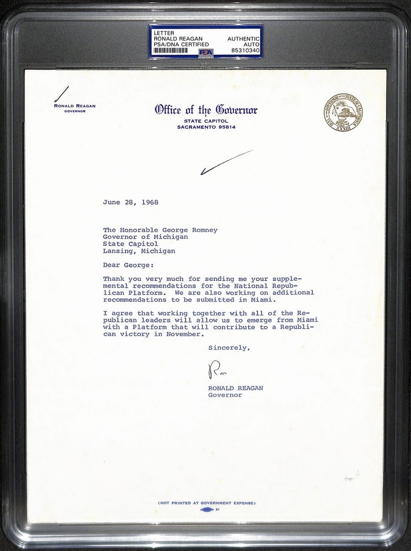 Ronald Reagan 1968 Signed Typed Letter PSA/DNA Authentication (1 of 2)