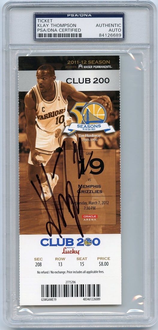 Klay Thompson Autographed Rookie Ticket PSA/DNA Warriors Slabbed (1 of 2)