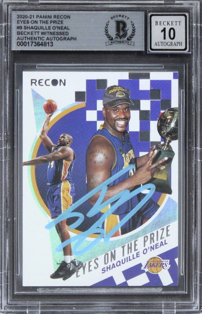 Shaquille O'Neal Signed 2020 Panini Recon #9 Card Auto 10 Beckett Authenticated: Shaquille O'Neal Signed 2020 Panini Recon #9 Card Auto 10 Beckett Authenticated This is a signed 2020 Panini Recon Eyes On The Prize #9 card featuring Shaquille O'Neal, a legendary player of the Los A
