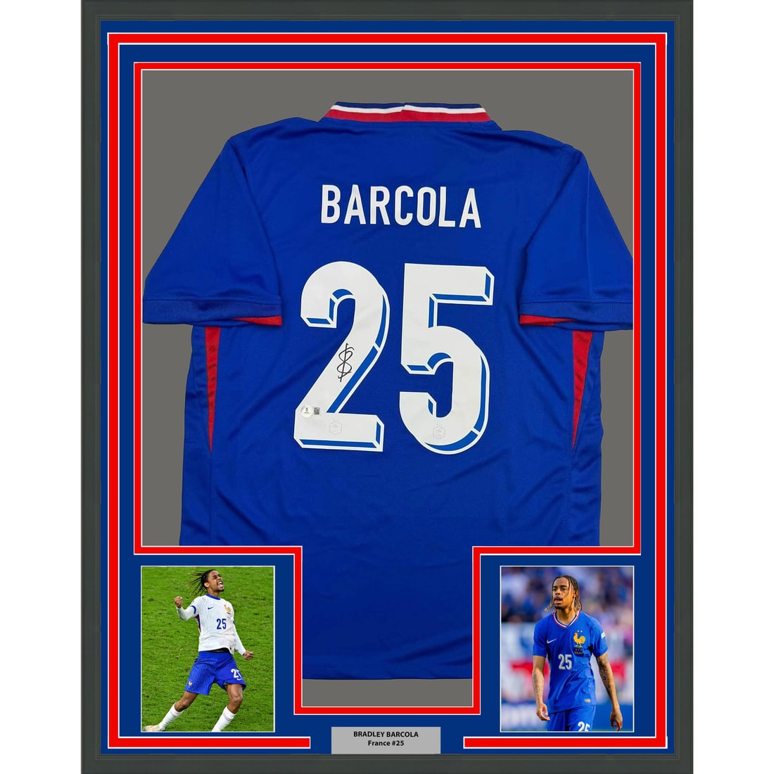 Bradley Barcola Signed France Jersey in 35x39 Frame Beckett Authenticated: Bradley Barcola Signed France Jersey in 35x39 Frame Beckett Authenticated This professionally framed display features a France blue jersey autographed by Bradley Barcola, authenticated by Beckett Grad