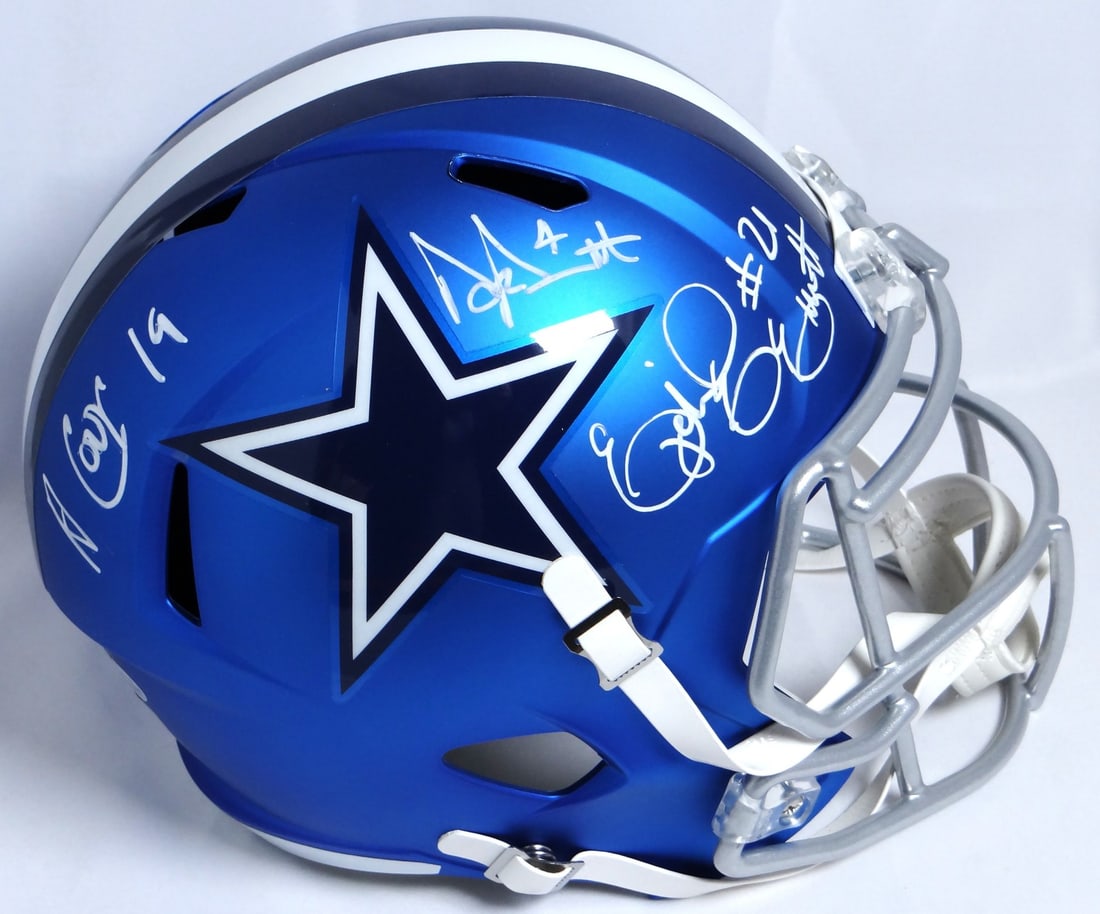 Dak Prescott Amari Cooper Ezekiel Elliott Signed Cowboys Helmet Beckett: Dak Prescott Amari Cooper Ezekiel Elliott Signed Cowboys Helmet Beckett This is a Dallas Cowboys Blaze Replica Helmet featuring the autographs of NFL stars Dak Prescott, Amari Cooper, and Ezekiel Elli